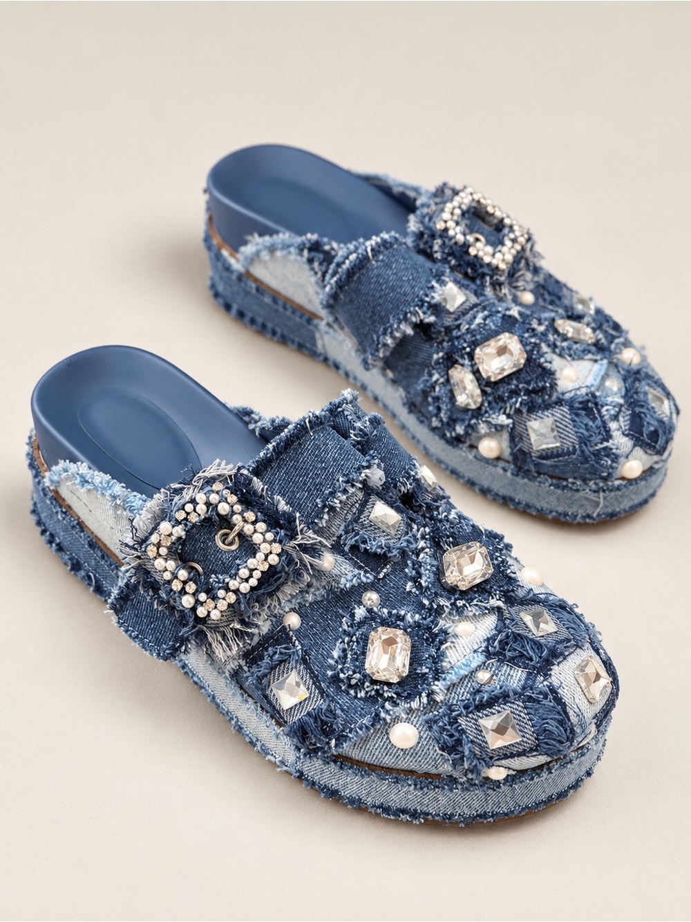 NWT Gianni Bini Omari Denim Patchwork Jewel and Pearl Embellished Platform Clogs